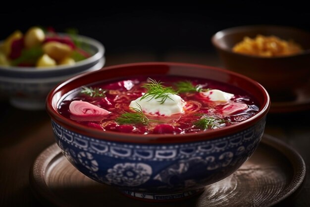 A bowl of food with a blue and white design on the side.