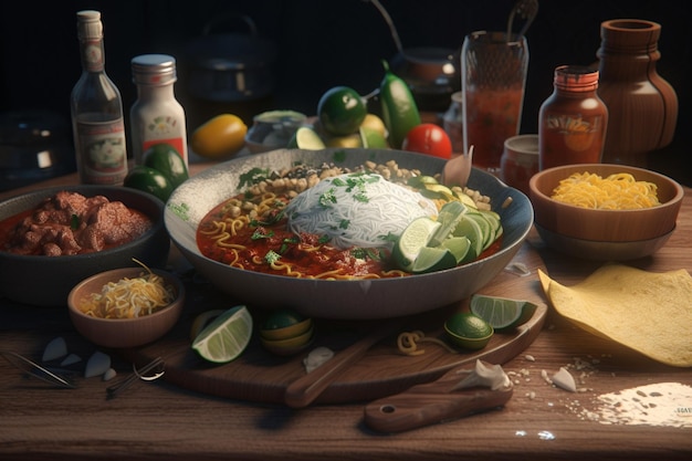 A bowl of food with a bowl of food on it and a bottle of ketchup on the table.