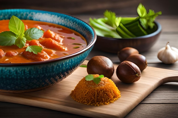 A bowl of food with a bowl of food next to it