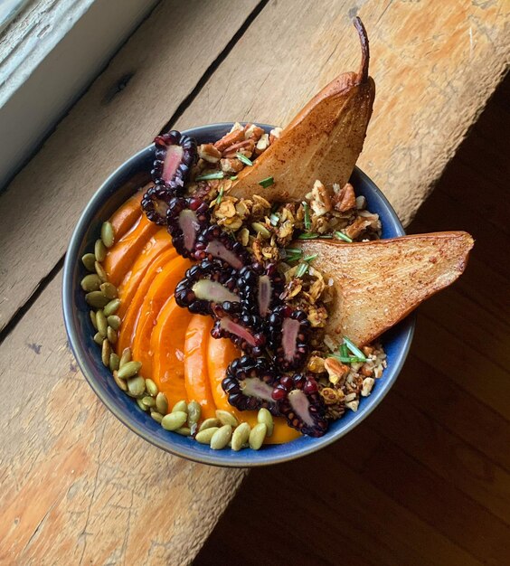 a bowl of food with a bowl of food on the table