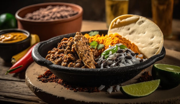 A bowl of food with a bowl of food on a table