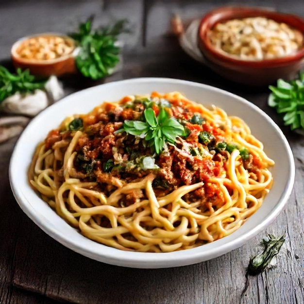 a bowl of food with a bowl of food with a piece of parsley on it