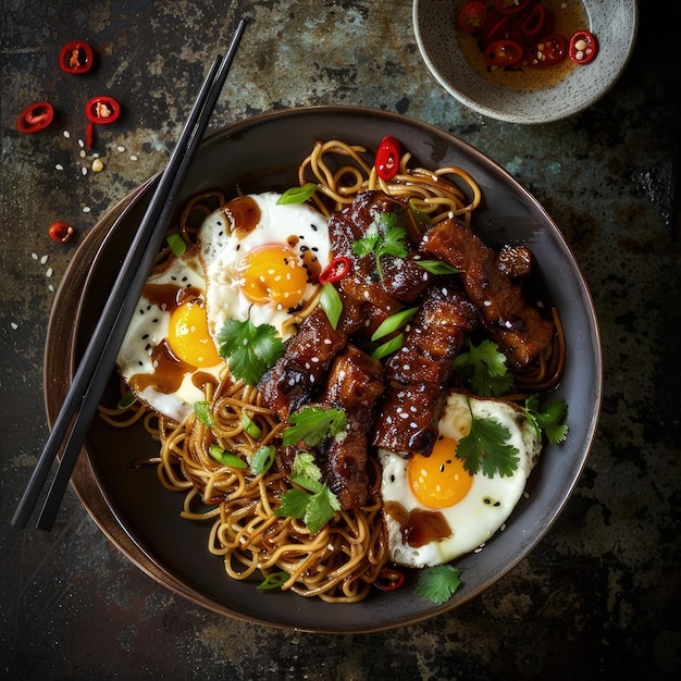 a bowl of food with a bowl of noodles and meat