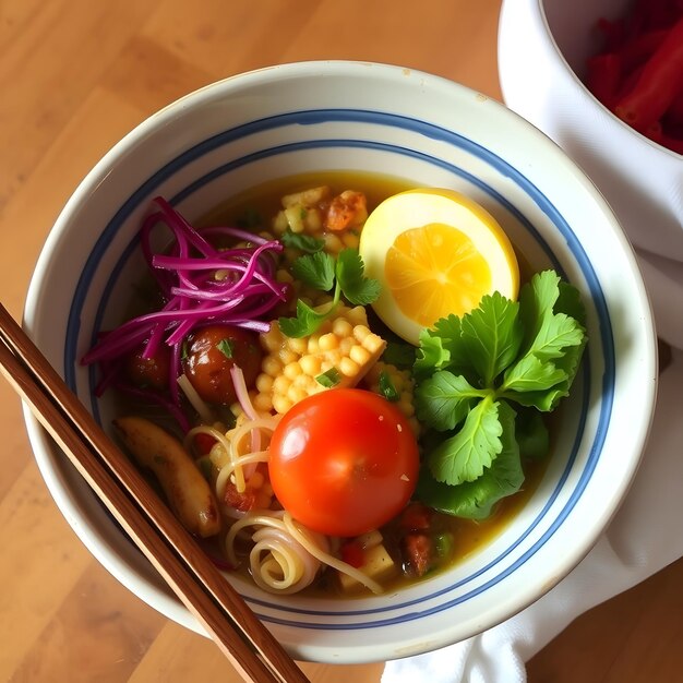 Photo a bowl of food with a bowl of noodles and vegetables