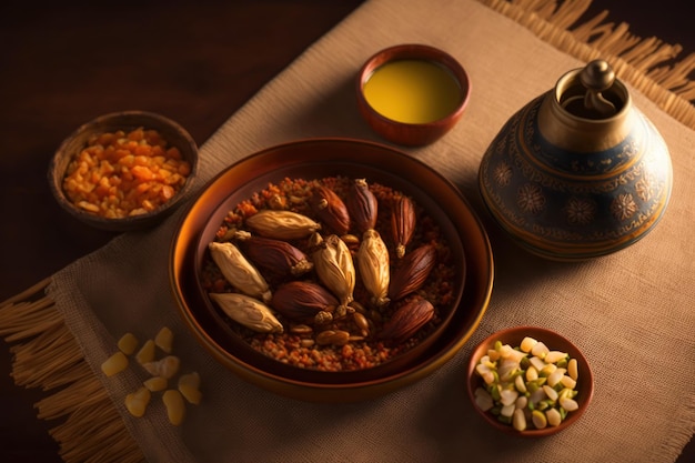 A bowl of food with a bowl of nuts and a bowl of rice.