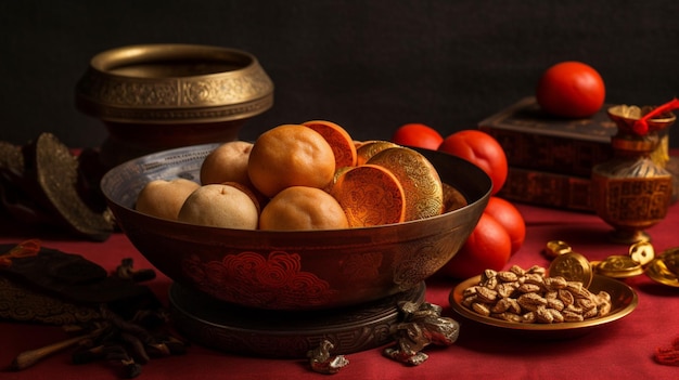 A bowl of food with a bowl of nuts on the table