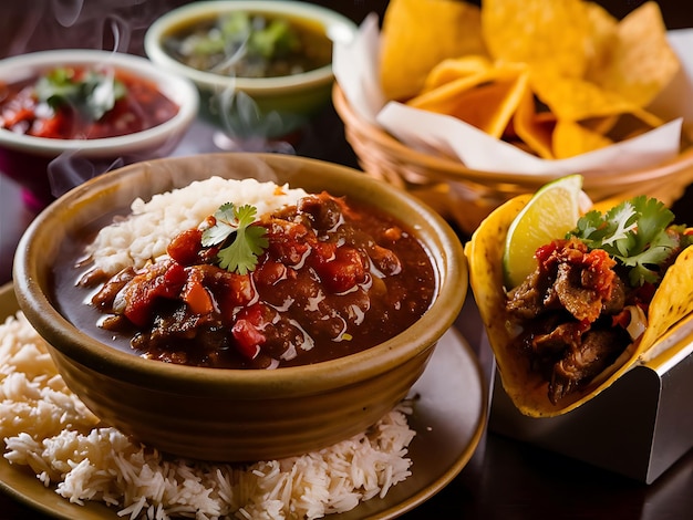 a bowl of food with a bowl of rice and a bowl of chili