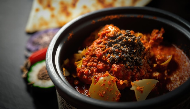 A bowl of food with a bread in the background