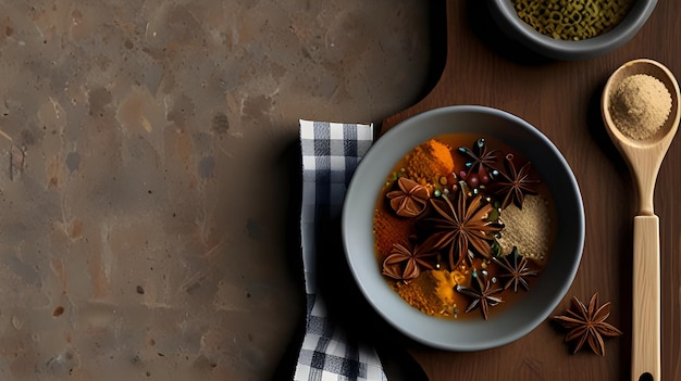 a bowl of food with a checkered napkin on it