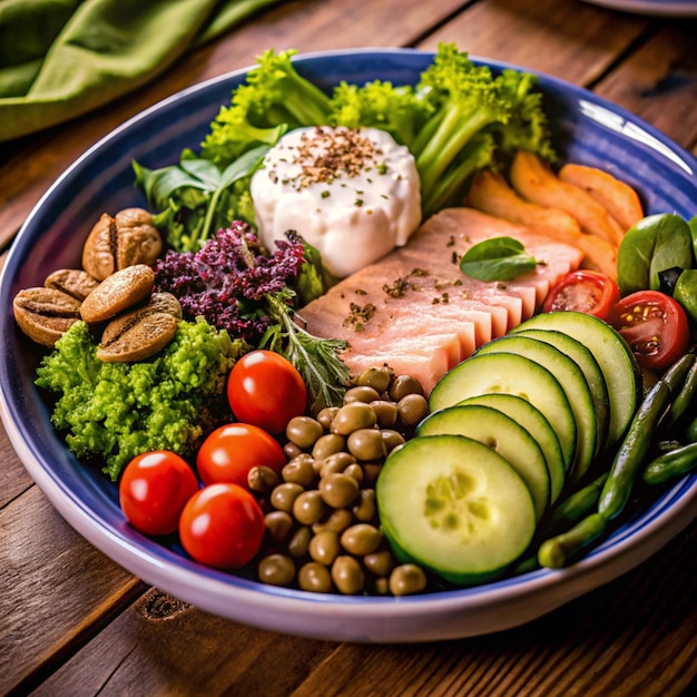 Photo a bowl of food with a chicken avocado tomatoes and cucumber