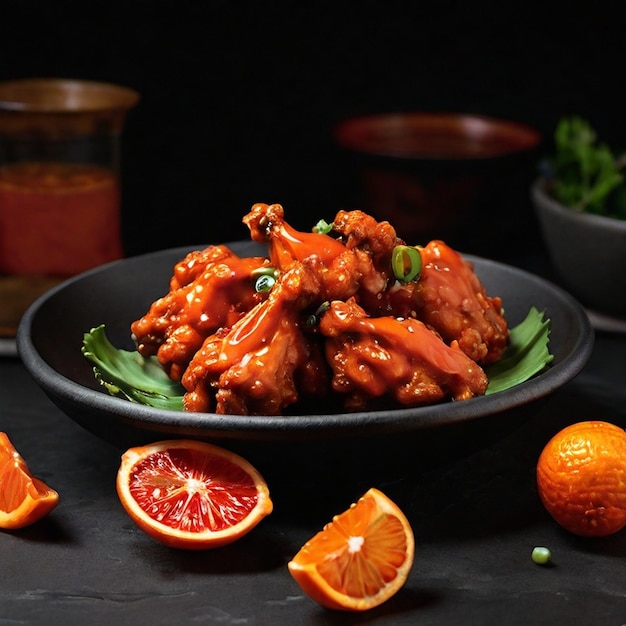 Photo a bowl of food with chicken and oranges on a table