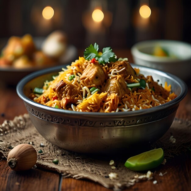 Photo a bowl of food with chicken and rice and a chicken on it