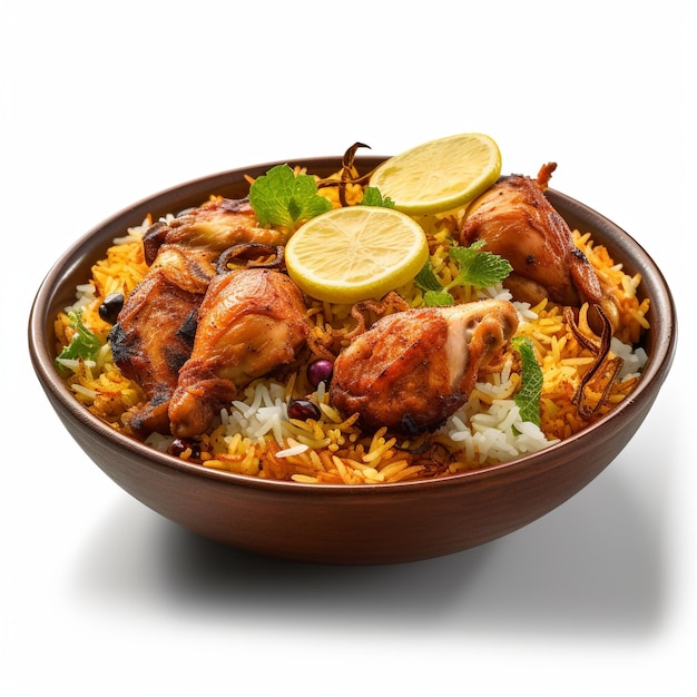 A bowl of food with chicken and rice and lemons.