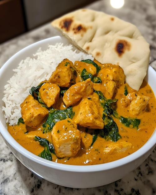 a bowl of food with chicken and rice and a piece of bread