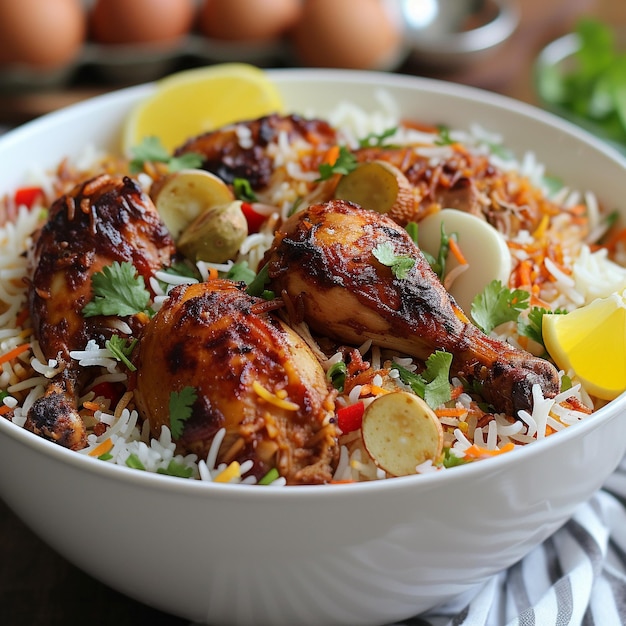 a bowl of food with chicken rice and vegetables