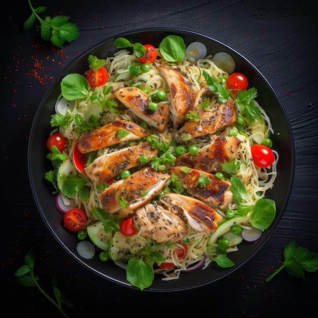 a bowl of food with chicken vegetables and a cherry tomato