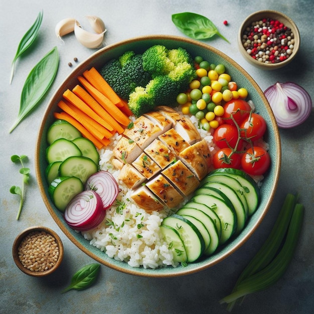 a bowl of food with a chicken and vegetables on it