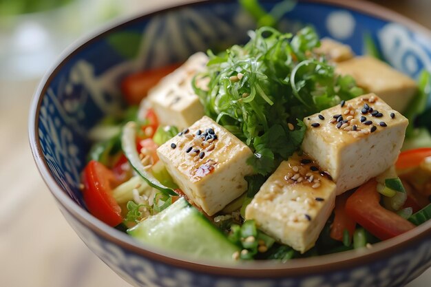 Photo a bowl of food with chicken and vegetables on it