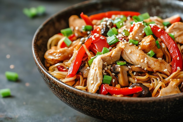 Photo a bowl of food with chicken vegetables and rice