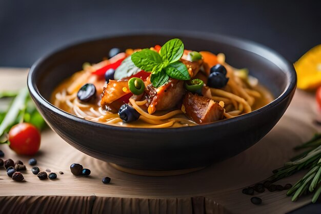 a bowl of food with chicken and vegetables on a wooden board.