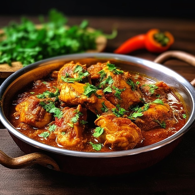 a bowl of food with chicken and vegetables on a wooden table.