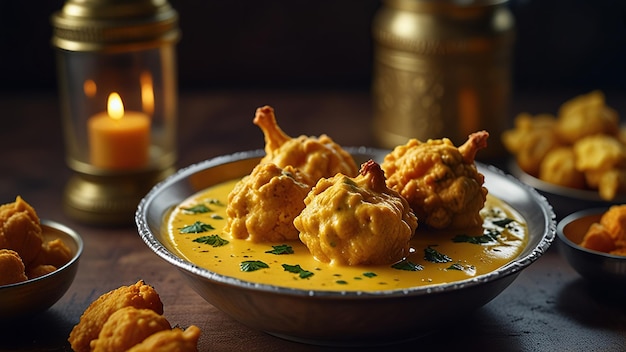 a bowl of food with chicken and yellow sauce