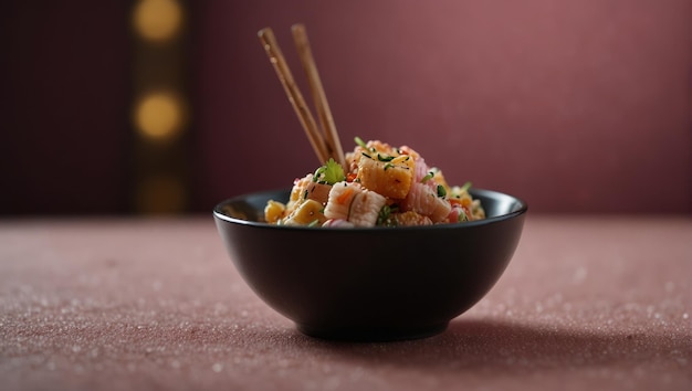 A bowl of food with chopsticks and a pink background