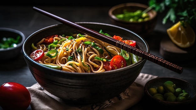 A bowl of food with chopsticks on a table