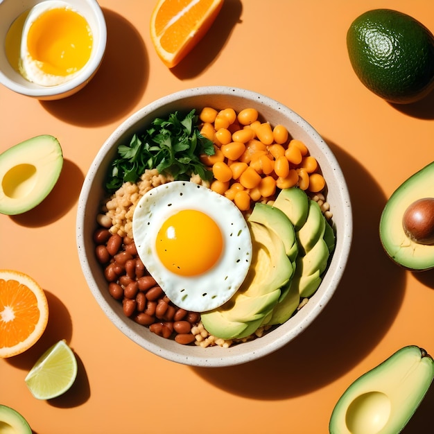 a bowl of food with an egg and avocado on it