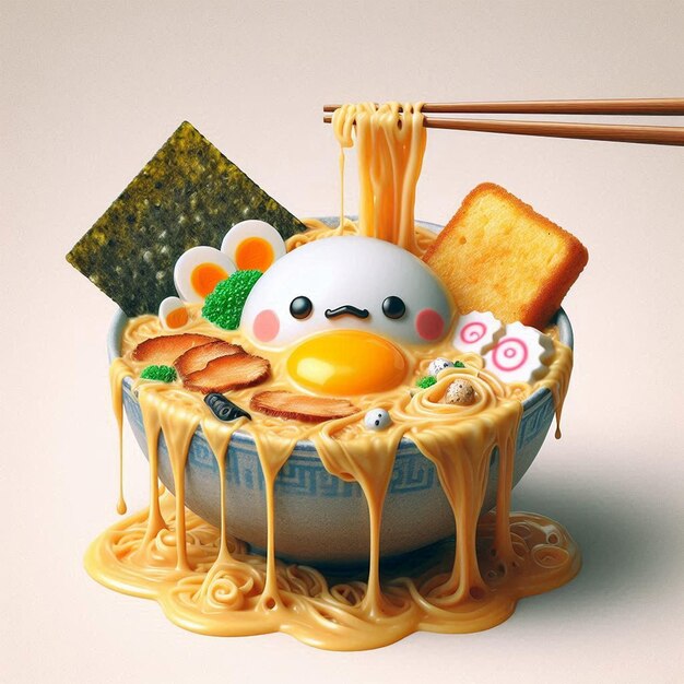 a bowl of food with an egg and noodles on it