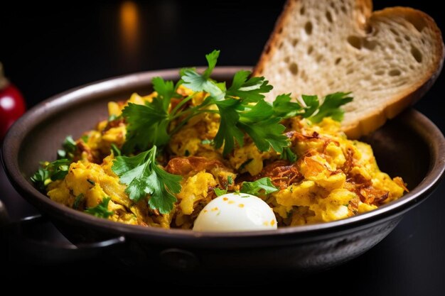 a bowl of food with a egg on top of it