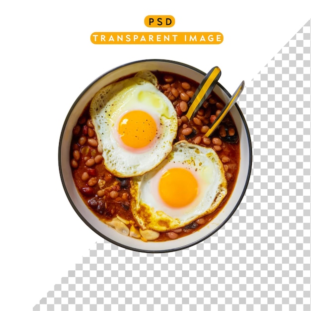 a bowl of food with eggs and beans with a spoon