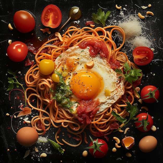 a bowl of food with eggs tomatoes and tomatoes