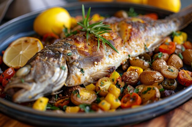 A bowl of food with a fish on top