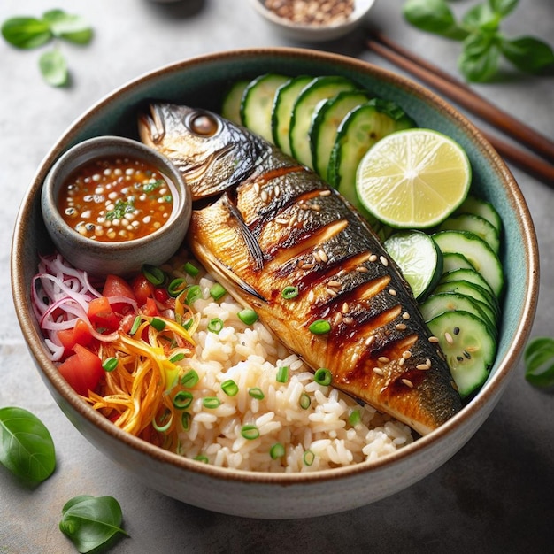 a bowl of food with a fish and vegetables on it