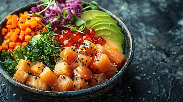 Photo bowl of food with fish and vegetables