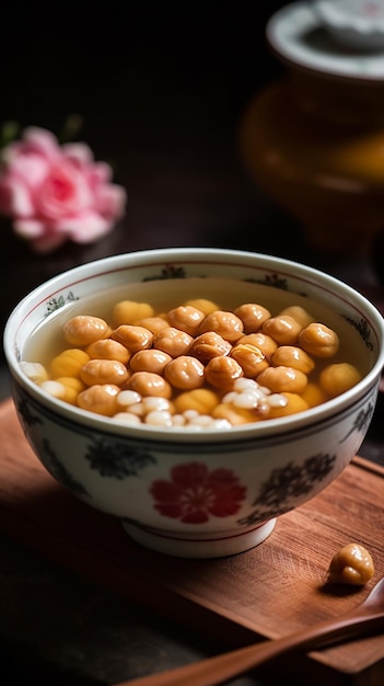 A bowl of food with a flower on the side