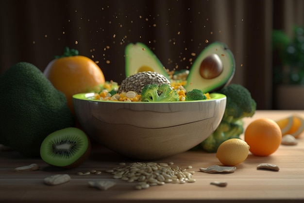 A bowl of food with a flying fruit in the background.