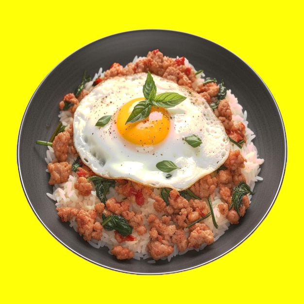 A bowl of food with a fried egg and basil on top.