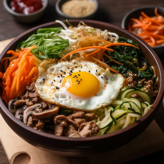 A bowl of food with a fried egg on top of it.