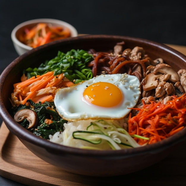 A bowl of food with a fried egg on top of it