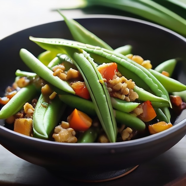 Photo a bowl of food with a green bean and carrots