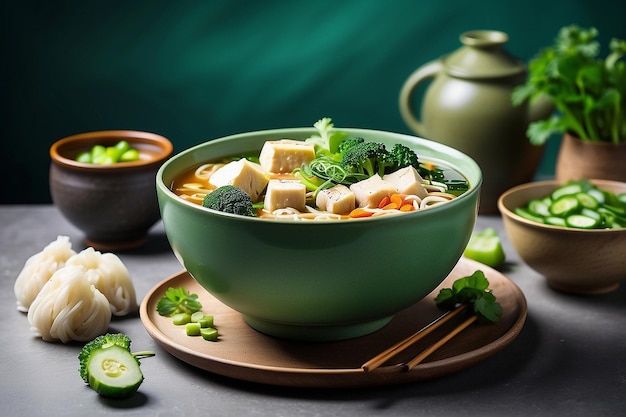 Photo a bowl of food with a green bowl of soup on a table