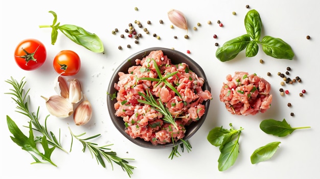 a bowl of food with ingredients including meat herbs and spices