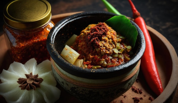 A bowl of food with a jar of red chili sauce