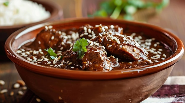 a bowl of food with meat and rice on the side