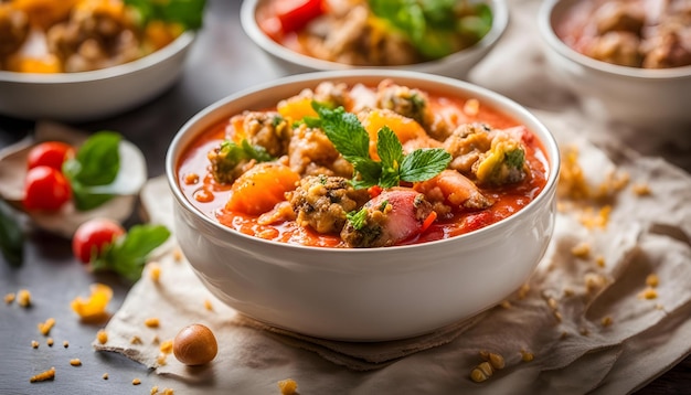 a bowl of food with meat and vegetables on it