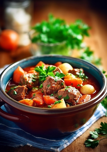 A bowl of food with meat, vegetables and meat.