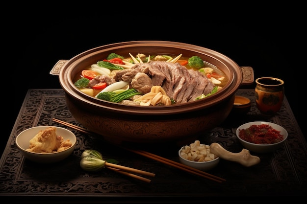 A bowl of food with meat vegetables and noodles