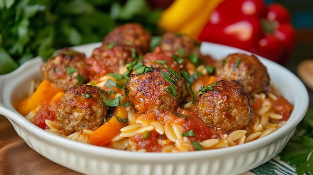 Photo a bowl of food with meatballs and cheese on it